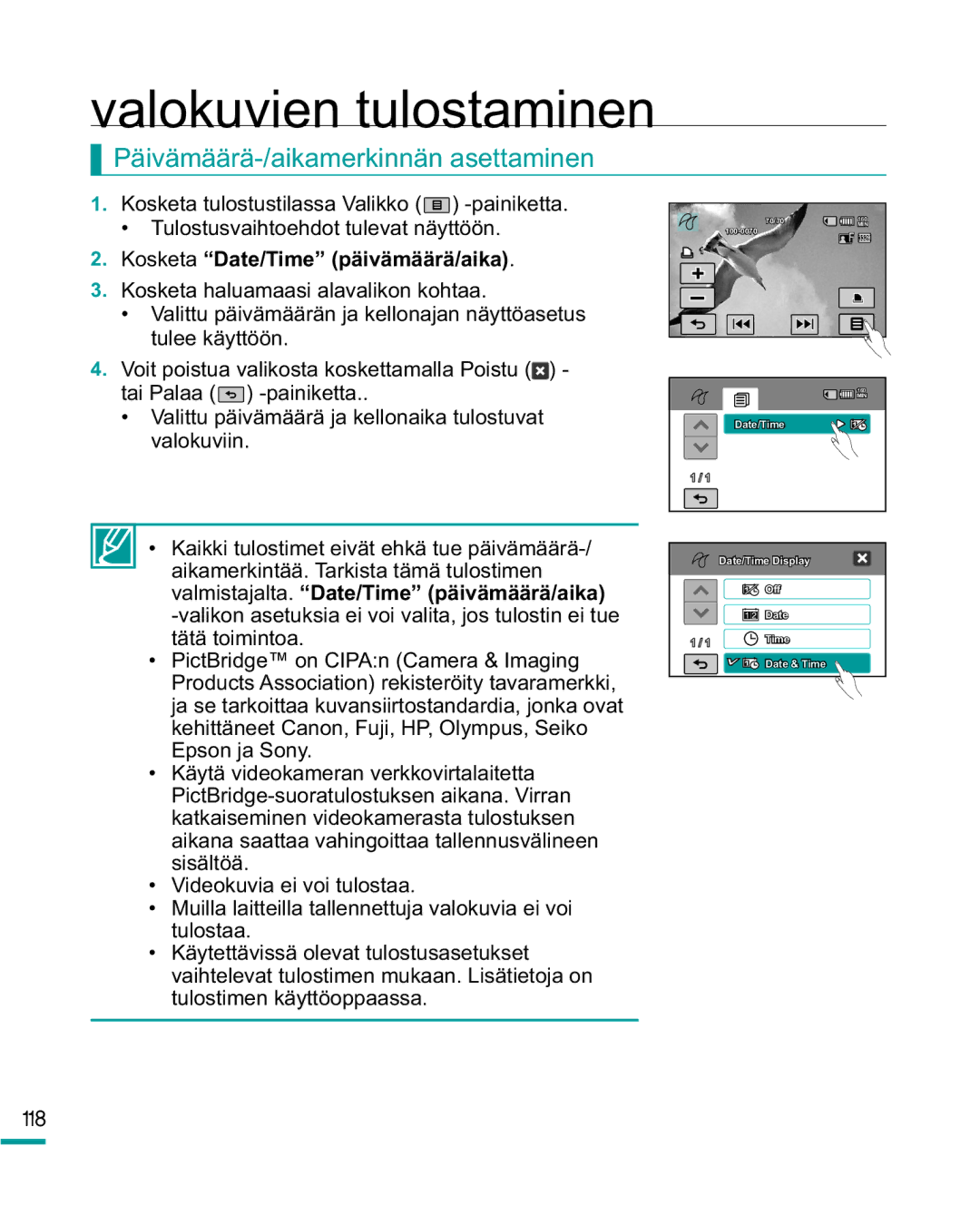 Samsung HMX-R10BP/EDC, HMX-R10SP/EDC manual Päivämäärä-/aikamerkinnän asettaminen, Kosketa Date/Time päivämäärä/aika 