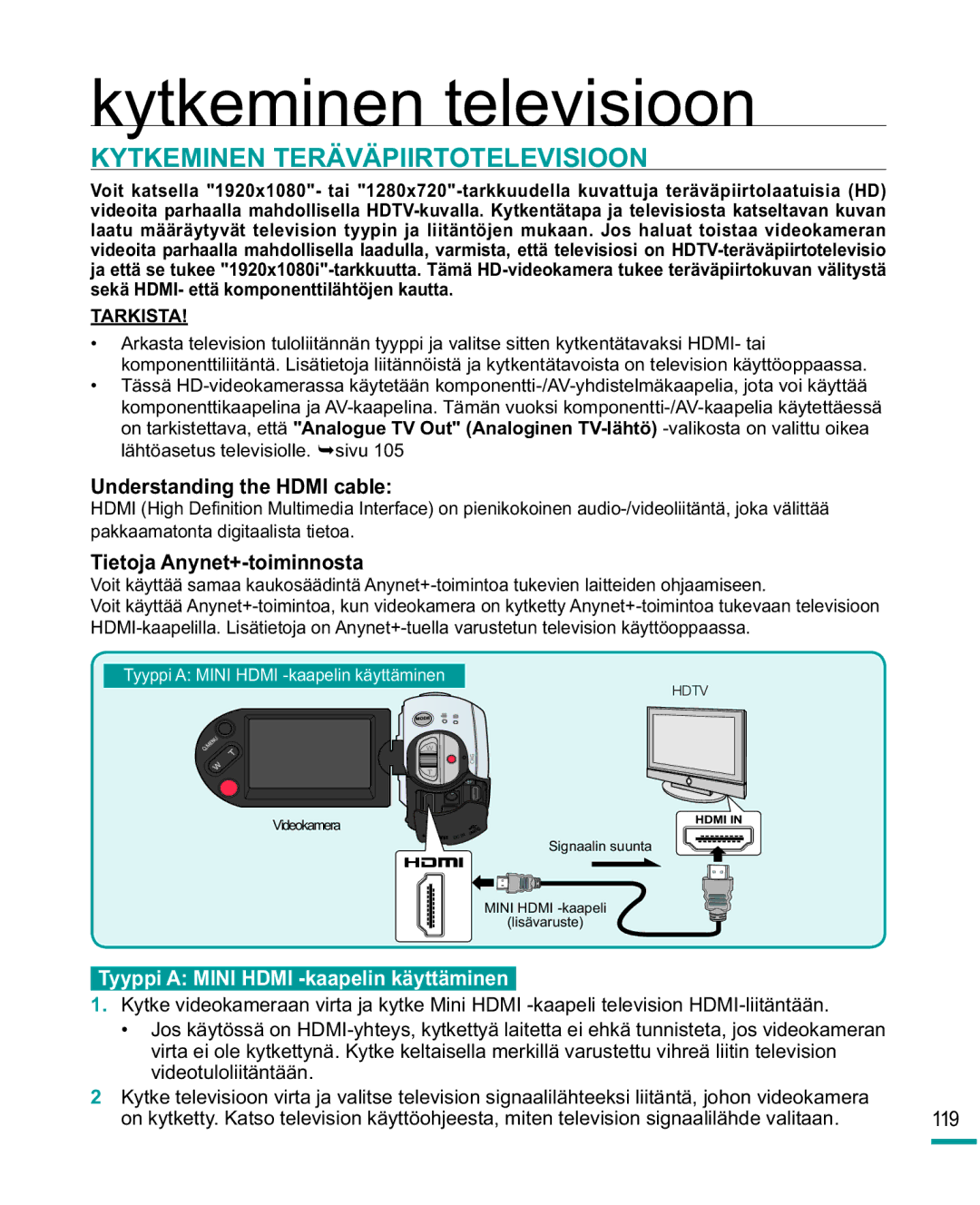 Samsung HMX-R10SP/EDC manual Kytkeminen Teräväpiirtotelevisioon, Understanding the Hdmi cable, Tietoja Anynet+-toiminnosta 