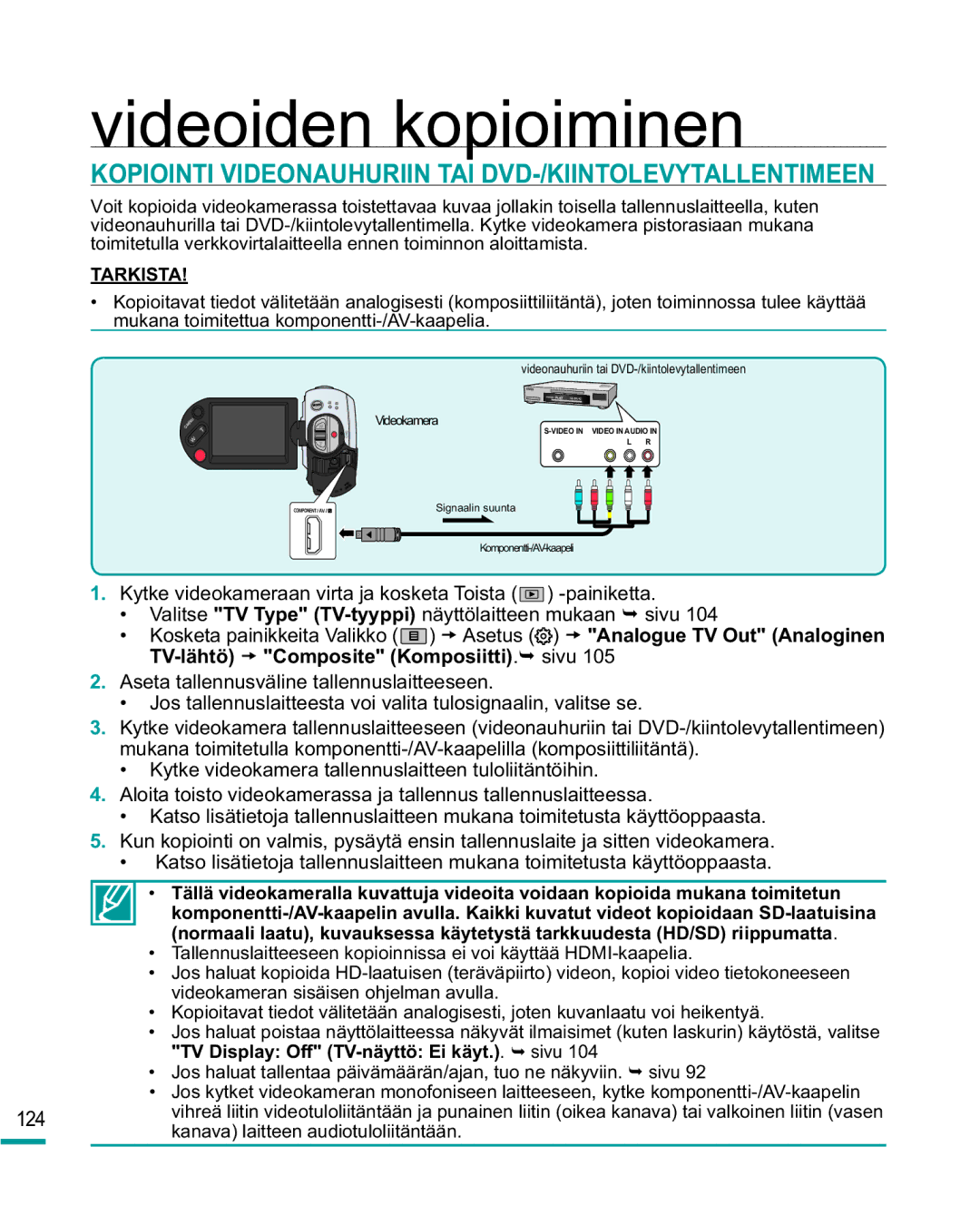 Samsung HMX-R10BP/EDC Kopiointi Videonauhuriin TAI DVD-/KIINTOLEVYTALLENTIMEEN, TV-lähtö t Composite Komposiitti.¬ sivu 