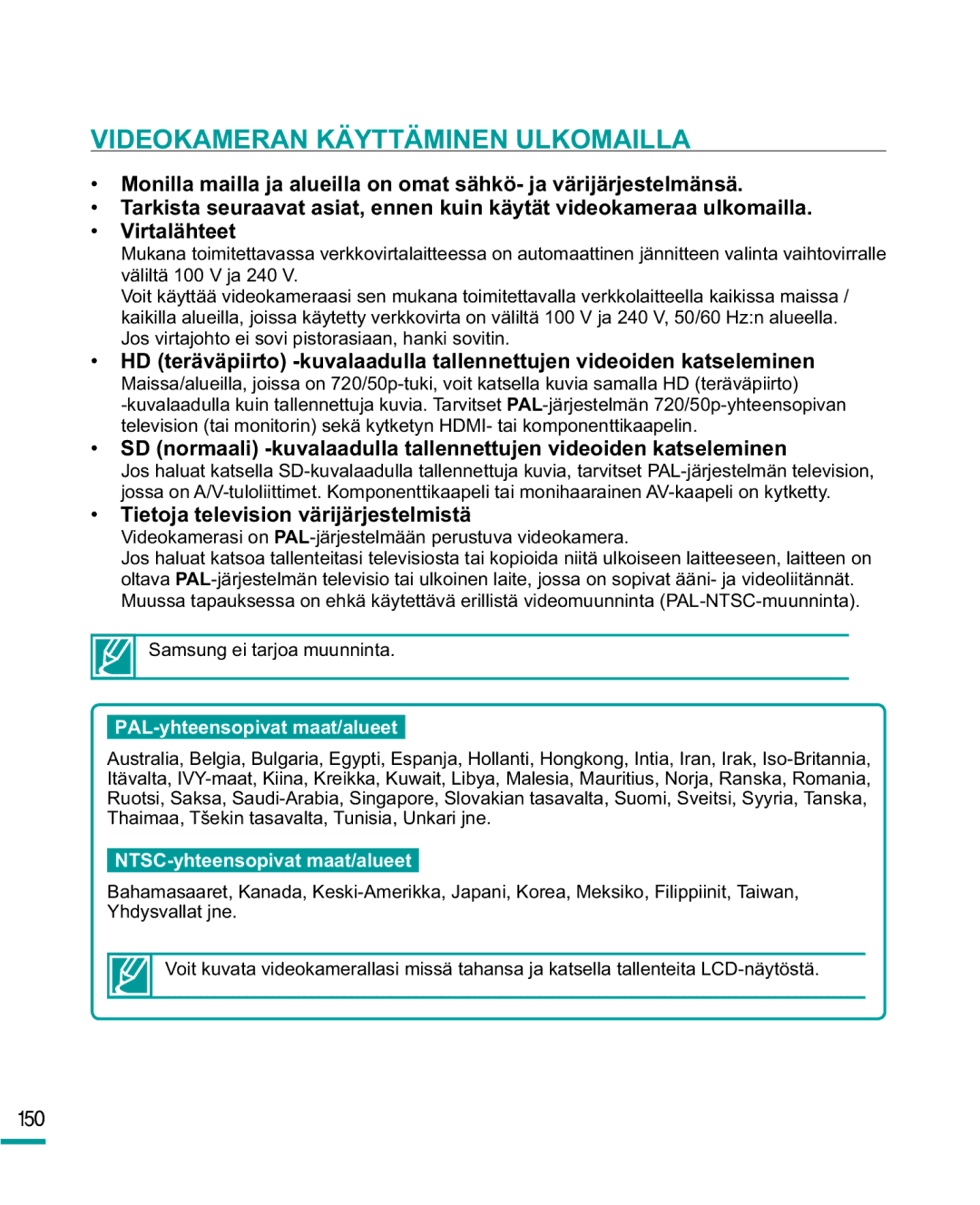 Samsung HMX-R10BP/EDC, HMX-R10SP/EDC manual Videokameran Käyttäminen Ulkomailla, Tietoja television värijärjestelmistä 