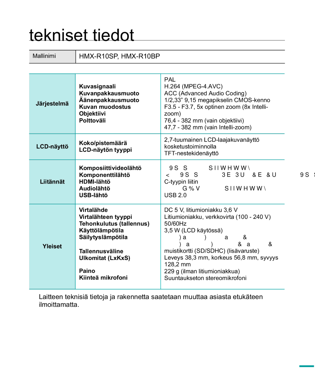 Samsung HMX-R10SP/EDC, HMX-R10BP/EDC manual Tekniset tiedot 