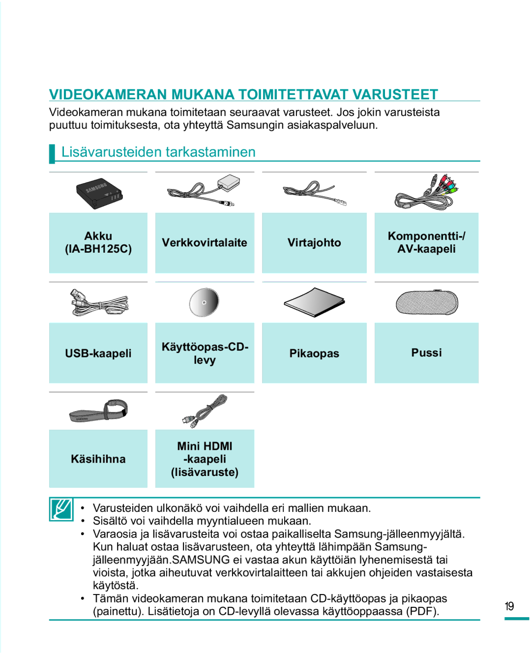 Samsung HMX-R10SP/EDC Videokameran Mukana Toimitettavat Varusteet, Lisävarusteiden tarkastaminen, Virtajohto, USB-kaapeli 