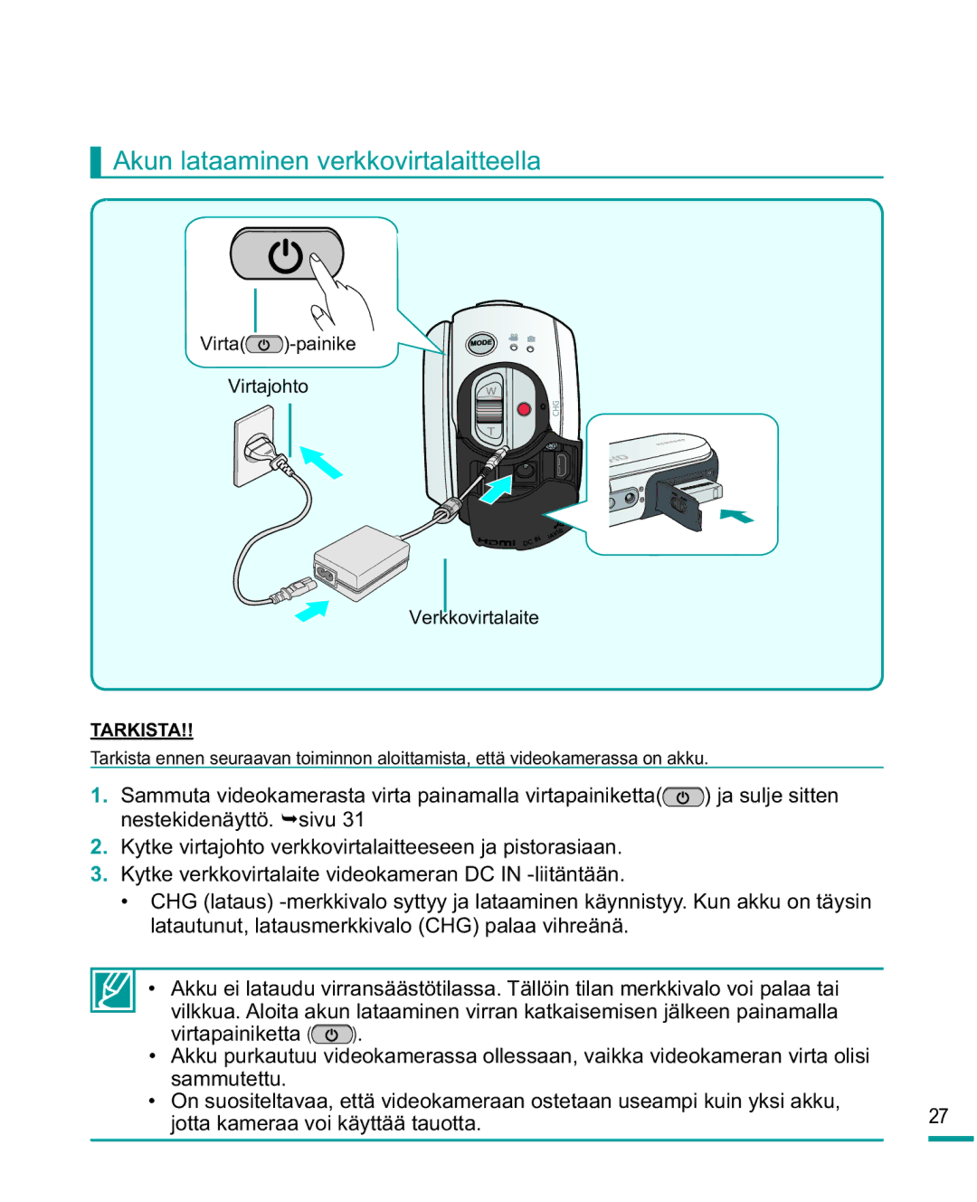 Samsung HMX-R10SP/EDC, HMX-R10BP/EDC manual Akun lataaminen verkkovirtalaitteella 