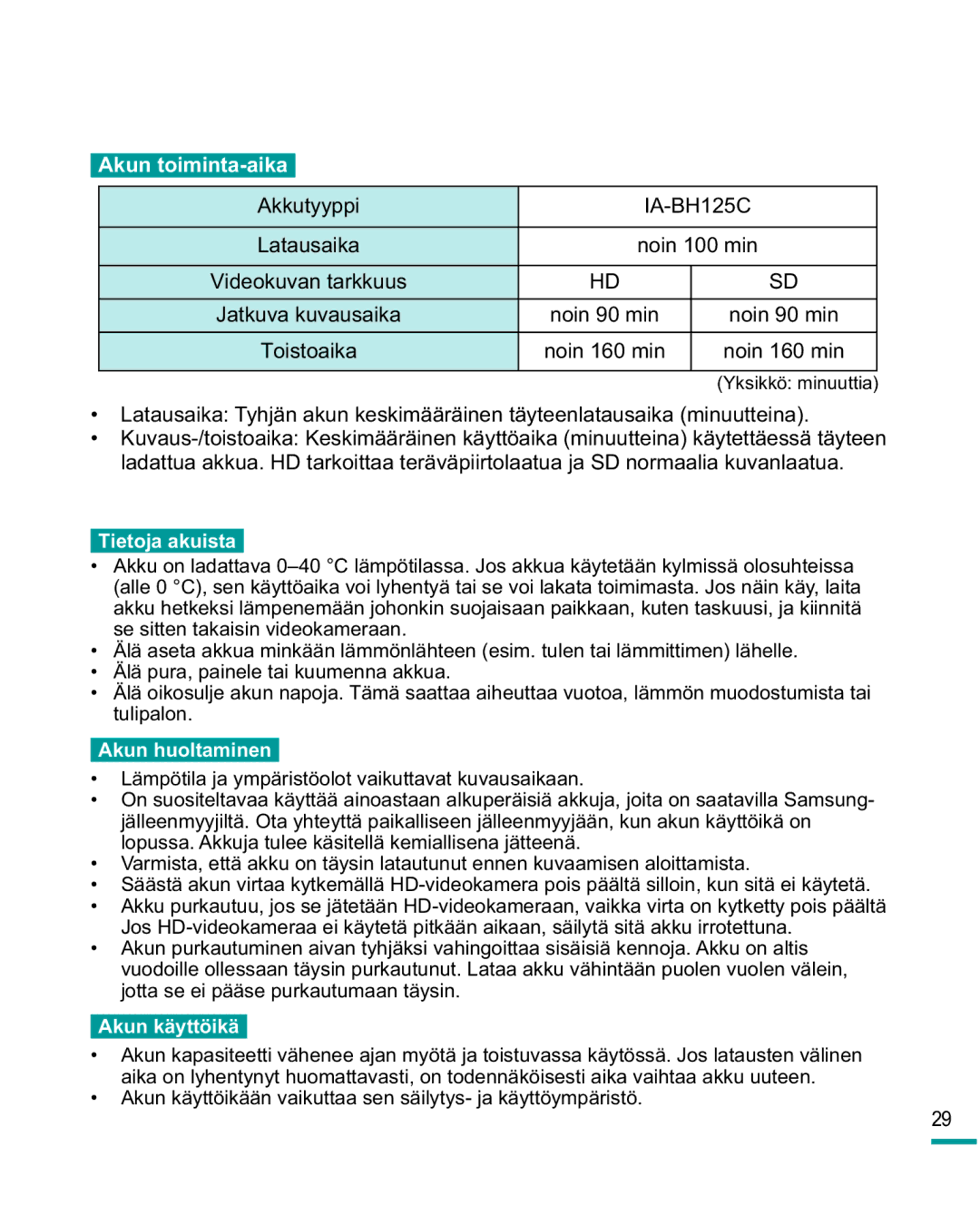 Samsung HMX-R10SP/EDC, HMX-R10BP/EDC manual Akun toiminta-aika, Tietoja akuista 