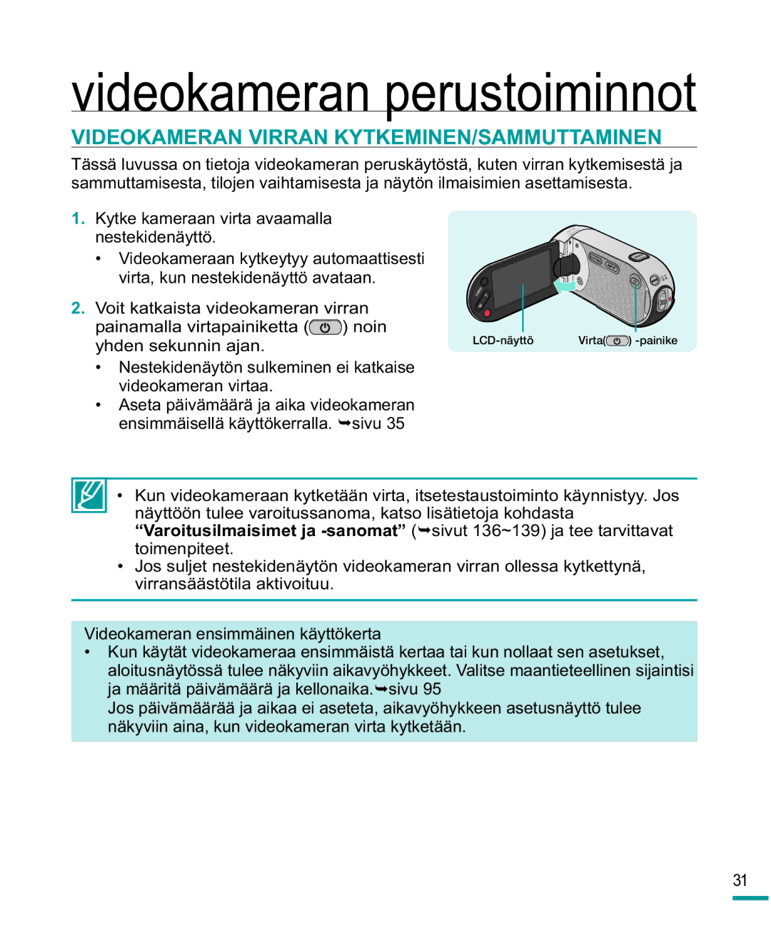 Samsung HMX-R10SP/EDC, HMX-R10BP/EDC manual Videokameran perustoiminnot, Videokameran Virran KYTKEMINEN/SAMMUTTAMINEN 