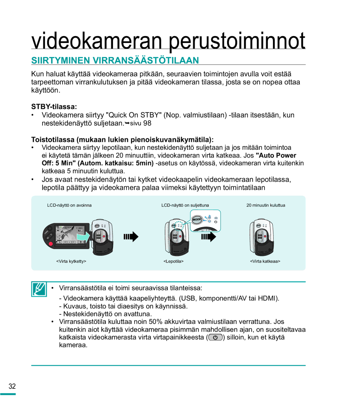 Samsung HMX-R10BP/EDC Siirtyminen Virransäästötilaan, STBY-tilassa, Toistotilassa mukaan lukien pienoiskuvanäkymätila 