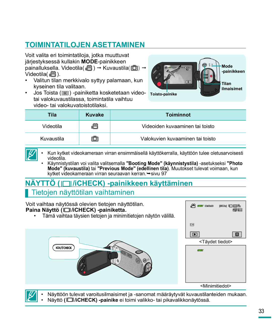 Samsung HMX-R10SP/EDC manual Toimintatilojen Asettaminen, Näyttö /iCHECK -painikkeen käyttäminen, Tila Kuvake Toiminnot 