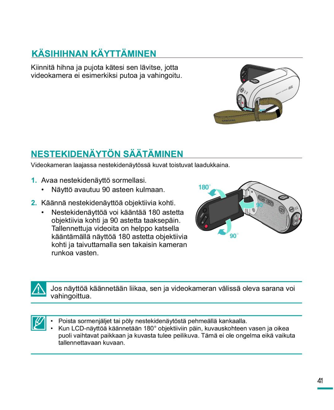 Samsung HMX-R10SP/EDC, HMX-R10BP/EDC manual Käsihihnan Käyttäminen, Nestekidenäytön Säätäminen 