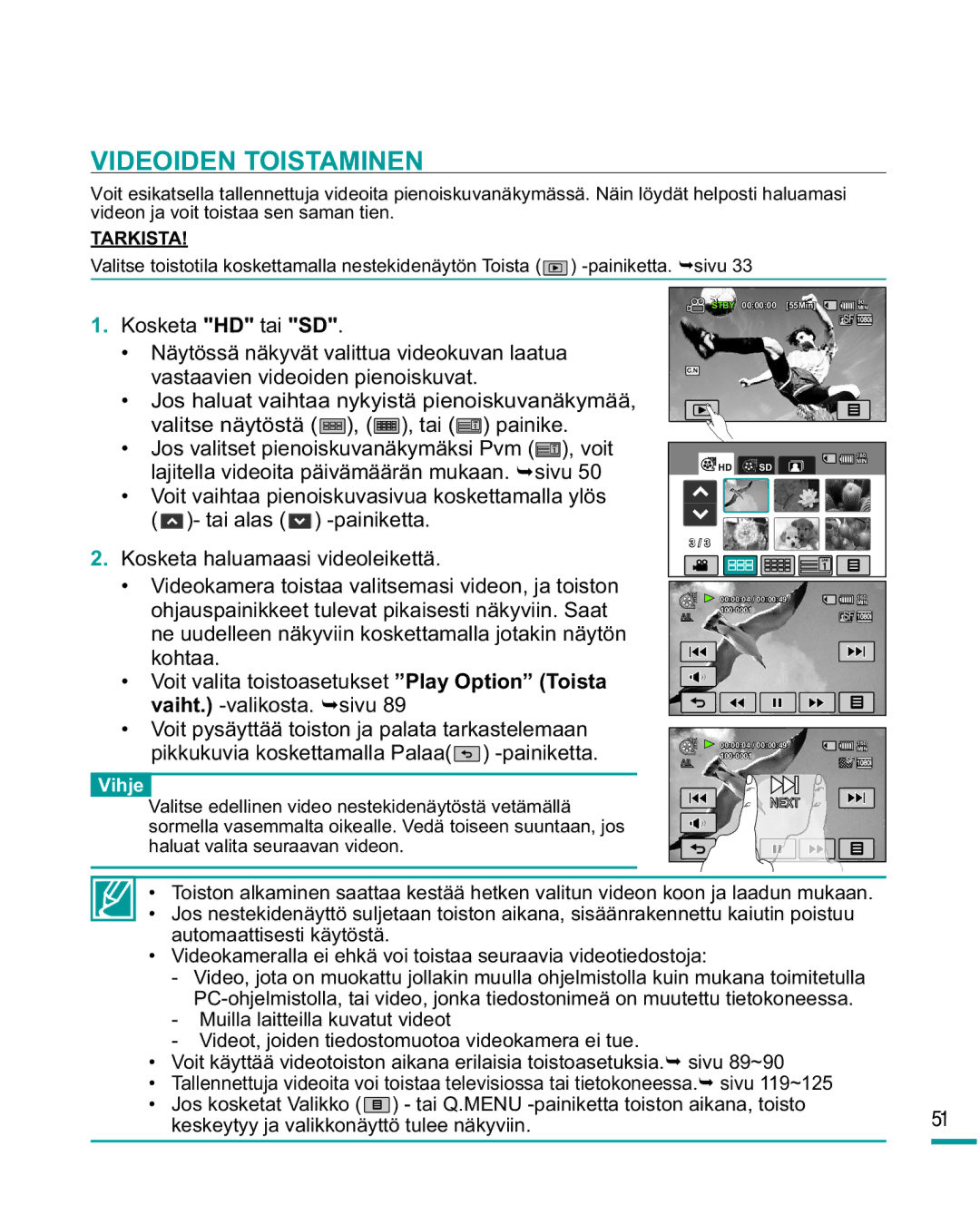 Samsung HMX-R10SP/EDC, HMX-R10BP/EDC manual Videoiden Toistaminen 