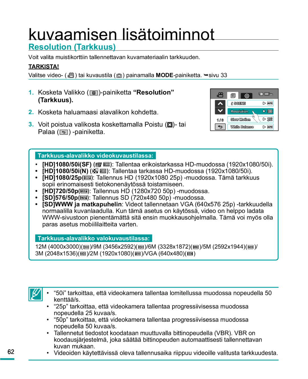 Samsung HMX-R10BP/EDC, HMX-R10SP/EDC manual Resolution Tarkkuus, Tarkkuus-alavalikko videokuvaustilassa 