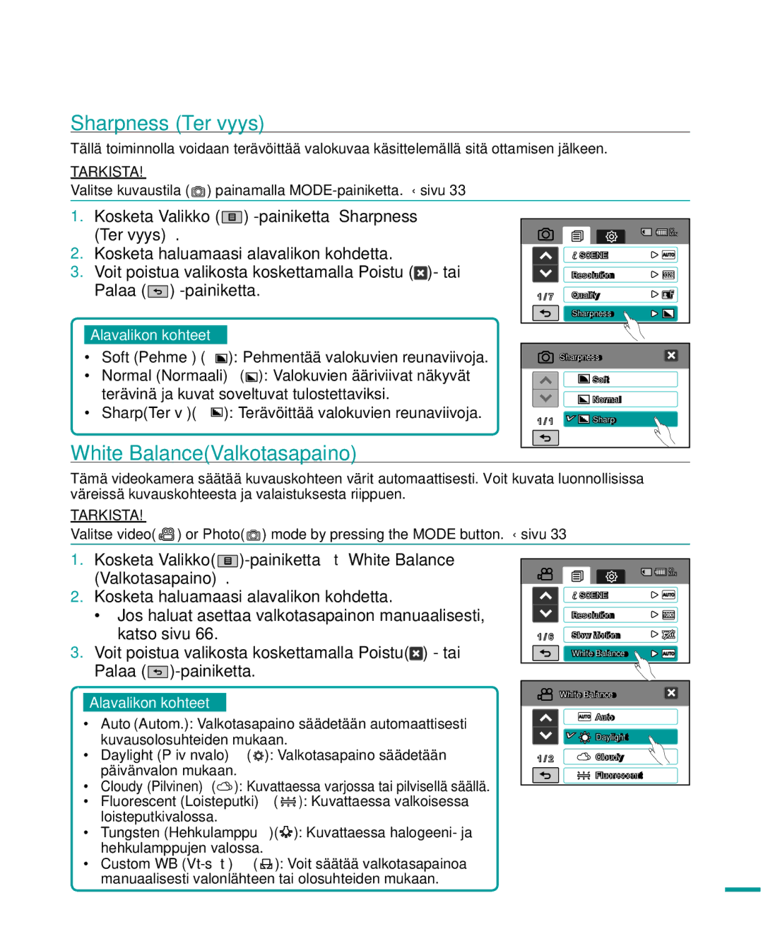 Samsung HMX-R10SP/EDC, HMX-R10BP/EDC manual Sharpness Terävyys, White BalanceValkotasapaino 