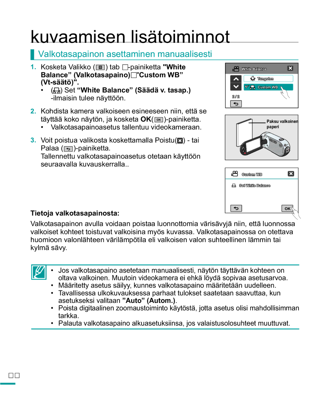 Samsung HMX-R10BP/EDC, HMX-R10SP/EDC manual Valkotasapainon asettaminen manuaalisesti, Tietoja valkotasapainosta 