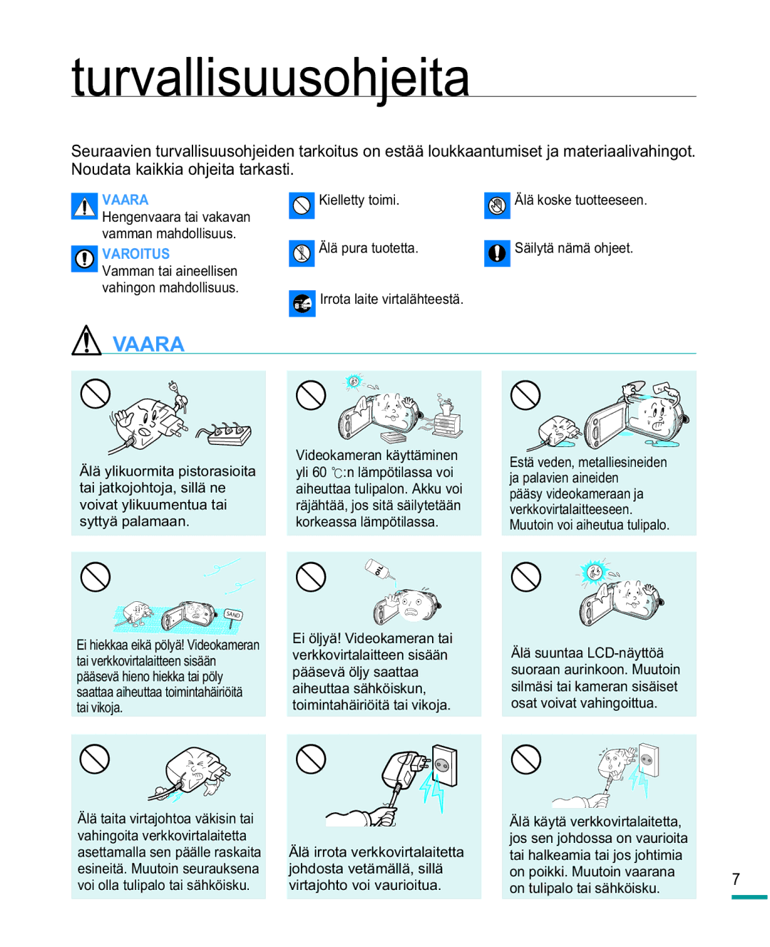 Samsung HMX-R10SP/EDC, HMX-R10BP/EDC manual Turvallisuusohjeita 