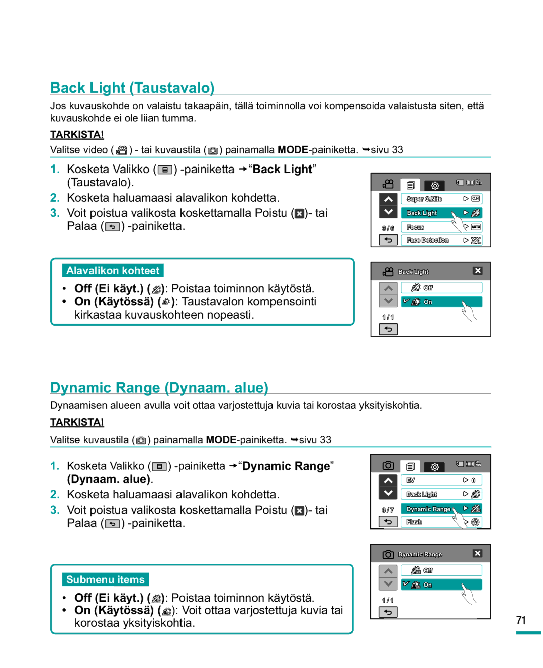 Samsung HMX-R10SP/EDC, HMX-R10BP/EDC manual Back Light Taustavalo, Dynamic Range Dynaam. alue 