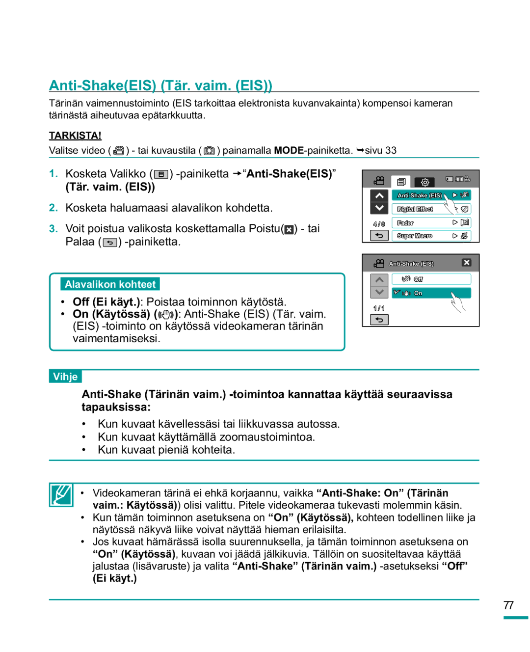 Samsung HMX-R10SP/EDC, HMX-R10BP/EDC manual Anti-ShakeEIS Tär. vaim. EIS 