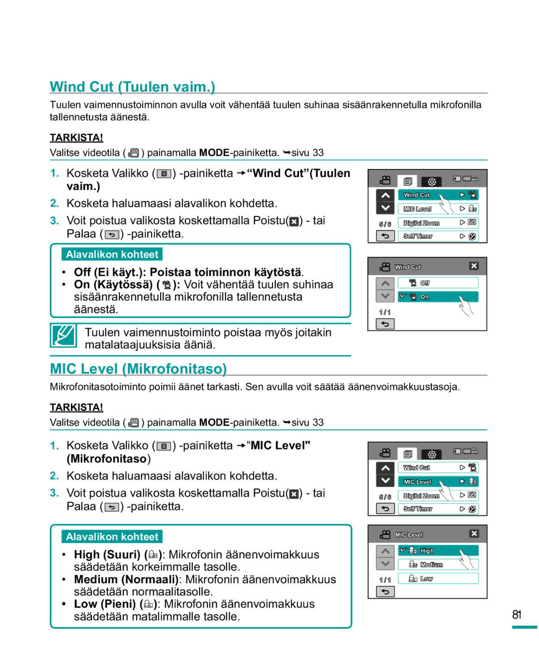 Samsung HMX-R10SP/EDC, HMX-R10BP/EDC manual Wind Cut Tuulen vaim, MIC Level Mikrofonitaso 