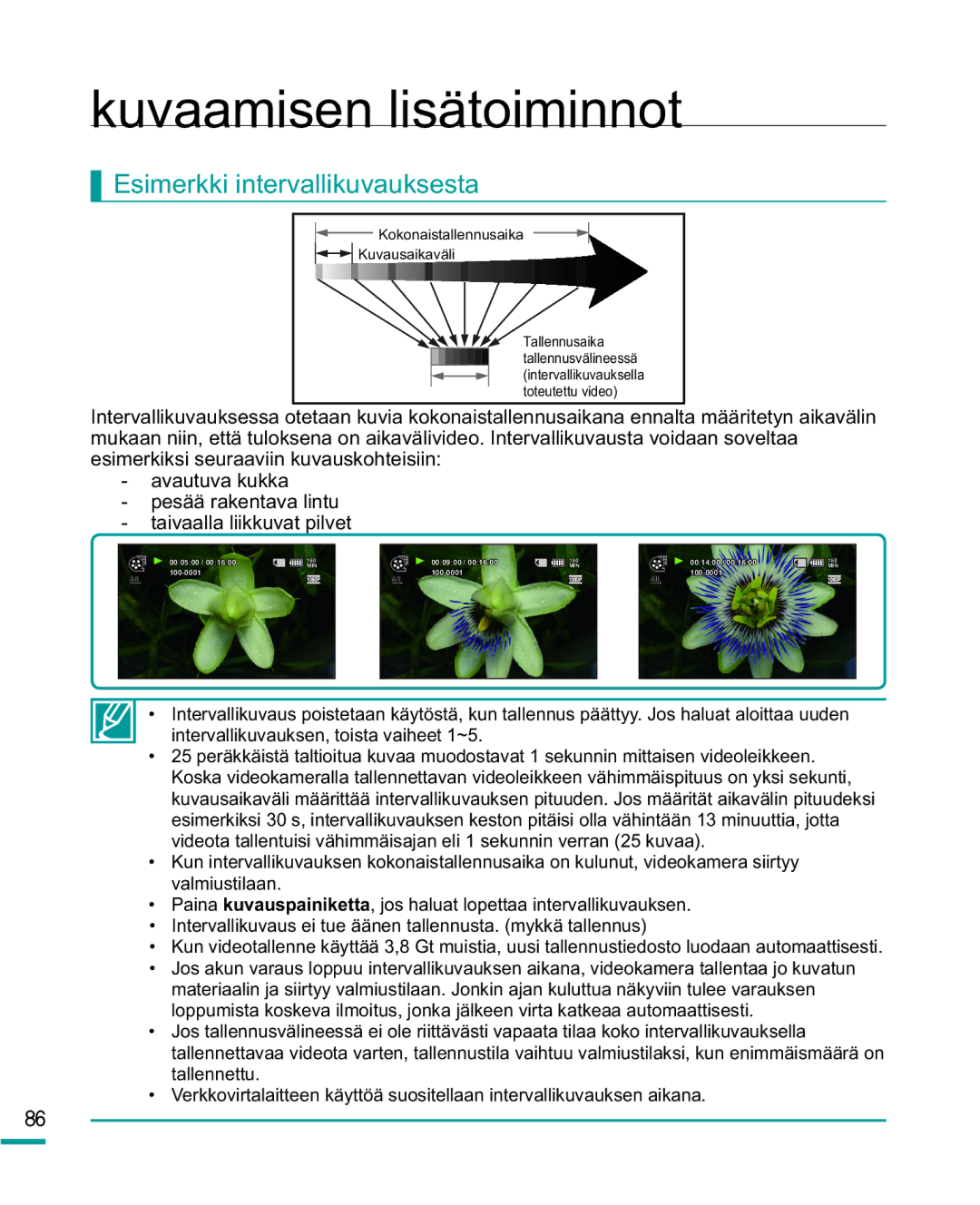 Samsung HMX-R10BP/EDC, HMX-R10SP/EDC manual Kuvaamisen lisätoiminnot, Esimerkki intervallikuvauksesta 