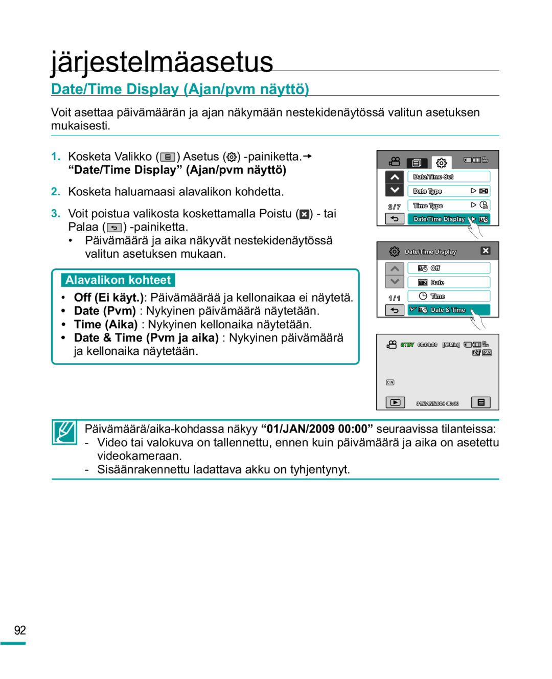 Samsung HMX-R10BP/EDC, HMX-R10SP/EDC manual Date/Time Display Ajan/pvm näyttö, Alavalikon kohteet 