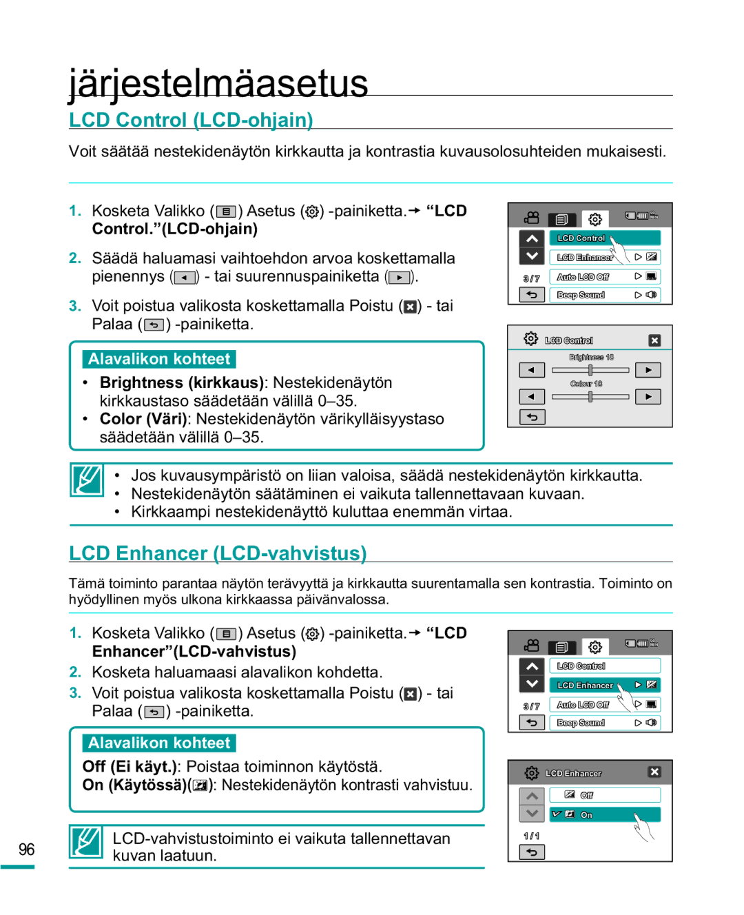 Samsung HMX-R10BP/EDC manual LCD Control LCD-ohjain, LCD Enhancer LCD-vahvistus, Control.LCD-ohjain, EnhancerLCD-vahvistus 