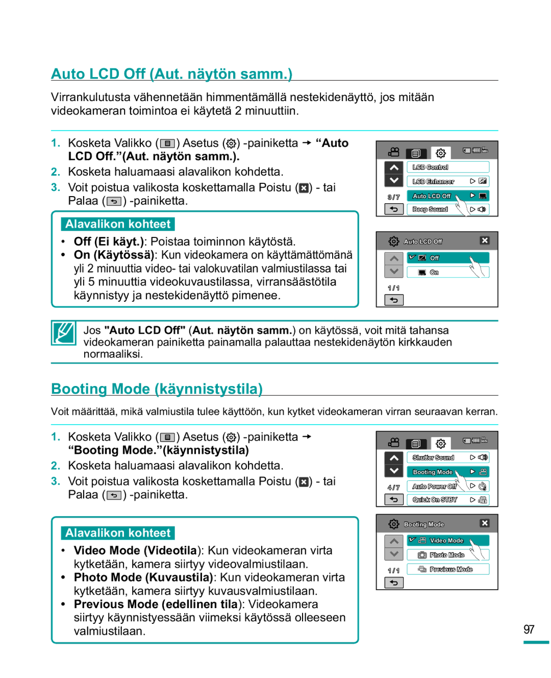 Samsung HMX-R10SP/EDC, HMX-R10BP/EDC Auto LCD Off Aut. näytön samm, Booting Mode käynnistystila, LCD Off.Aut. näytön samm 