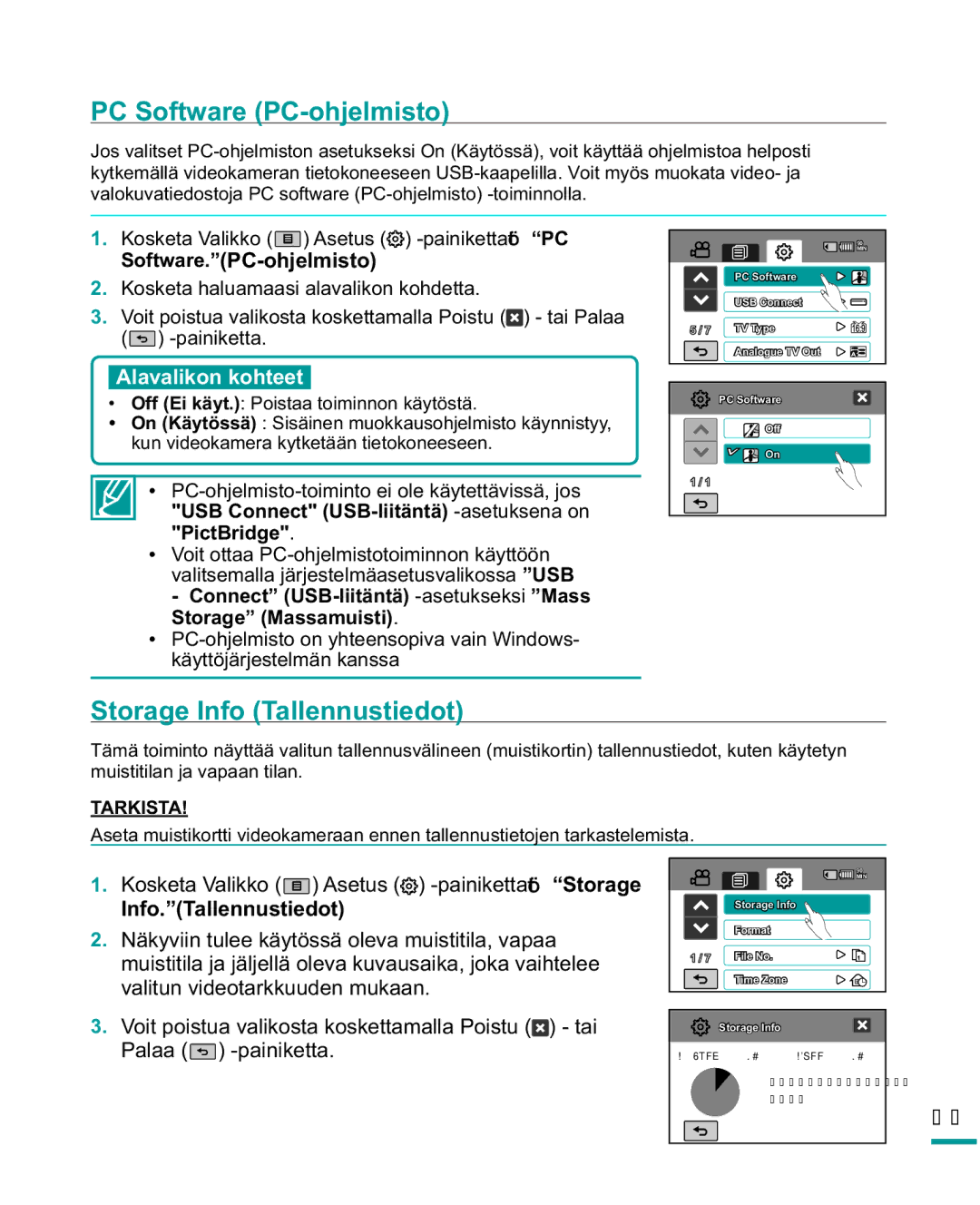 Samsung HMX-R10SP/EDC, HMX-R10BP/EDC manual PC Software PC-ohjelmisto, Storage Info Tallennustiedot, Software.PC-ohjelmisto 