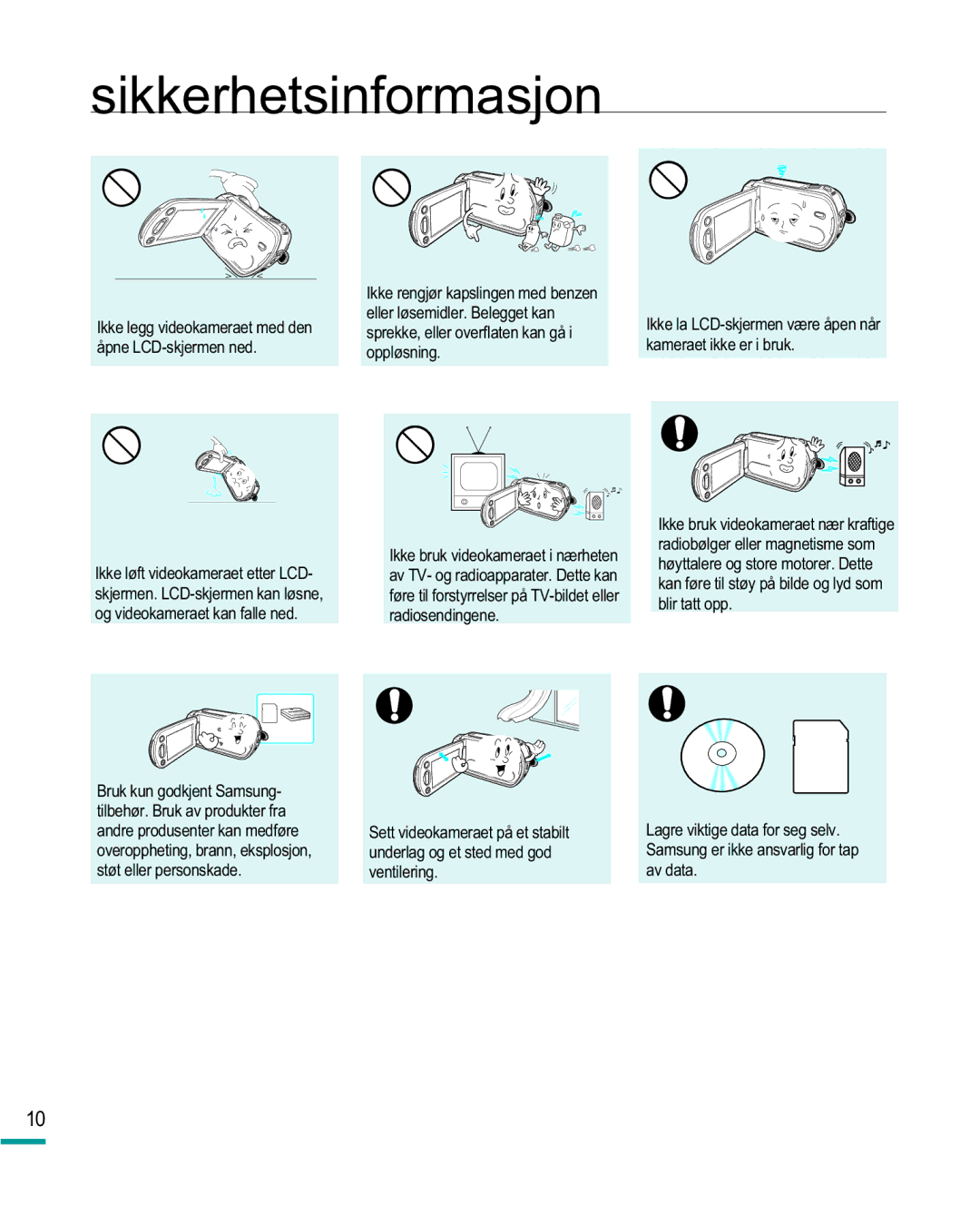 Samsung HMX-R10BP/EDC manual Eller løsemidler. Belegget kan, Åpne LCD-skjermen ned Oppløsning Kameraet ikke er i bruk 