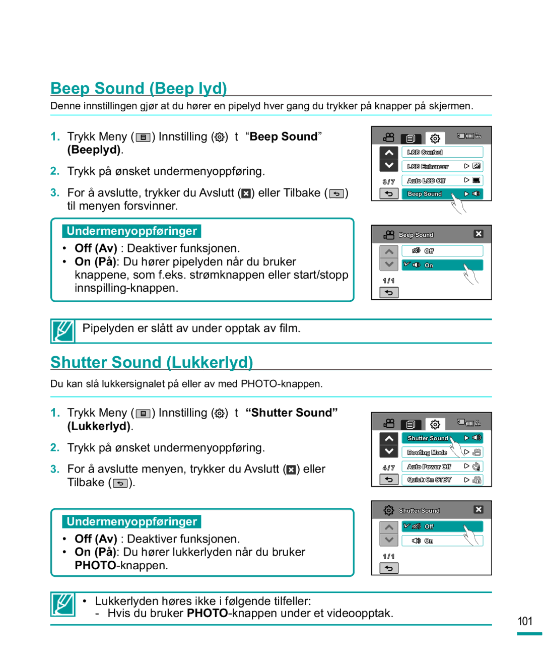 Samsung HMX-R10SP/EDC manual Beep Sound Beep lyd, Shutter Sound Lukkerlyd, 3LSHO\GHQHUVOnWWDYXQGHURSSWDNDY¿OP 