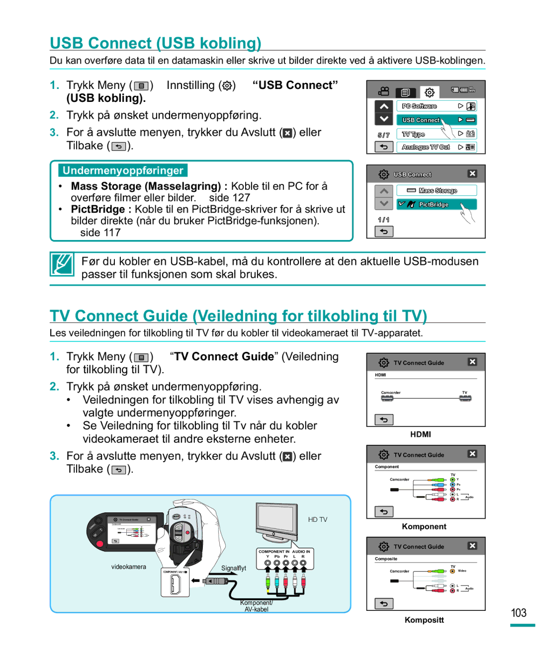 Samsung HMX-R10SP/EDC, HMX-R10BP/EDC manual USB Connect USB kobling, TV Connect Guide Veiledning for tilkobling til TV, 103 