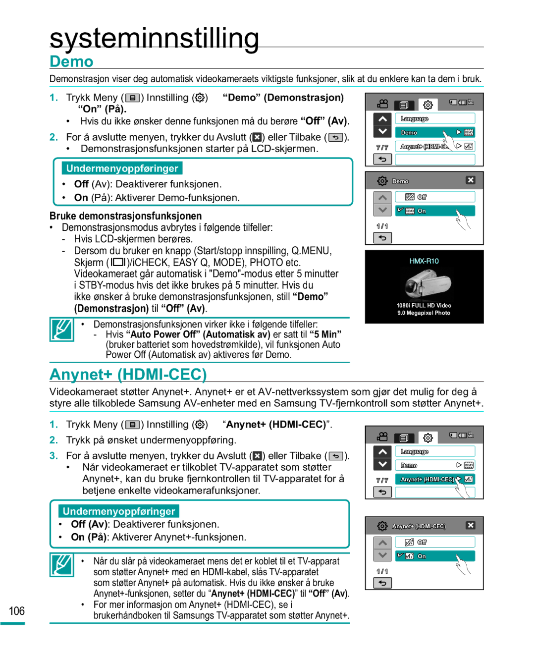 Samsung HMX-R10BP/EDC, HMX-R10SP/EDC manual Demo, Anynet+ HDMI-CEC, Bruke demonstrasjonsfunksjonen 