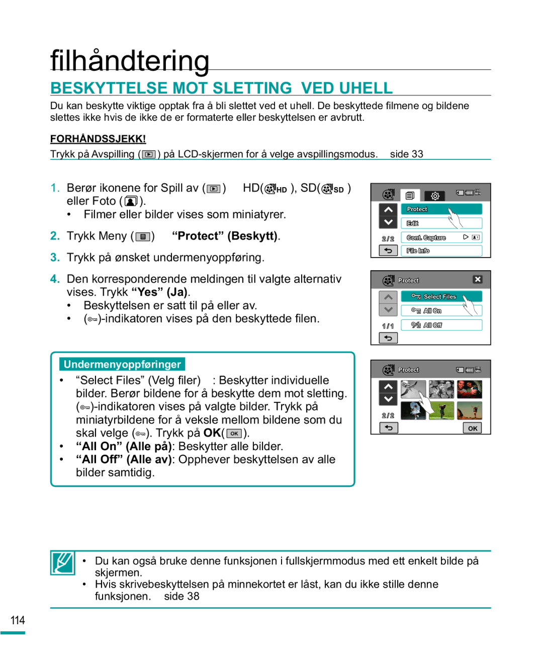 Samsung HMX-R10BP/EDC, HMX-R10SP/EDC manual ¿OKnQGWHULQJ, Beskyttelse MOT Sletting VED Uhell, Trykk Meny t Protect Beskytt 