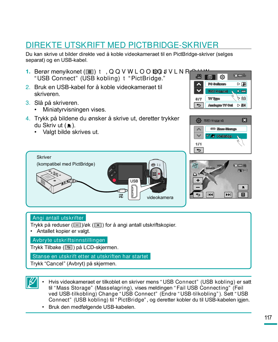 Samsung HMX-R10SP/EDC, HMX-R10BP/EDC manual Direkte Utskrift MED PICTBRIDGE-SKRIVER, USB Connect USB kobling t PictBridge 