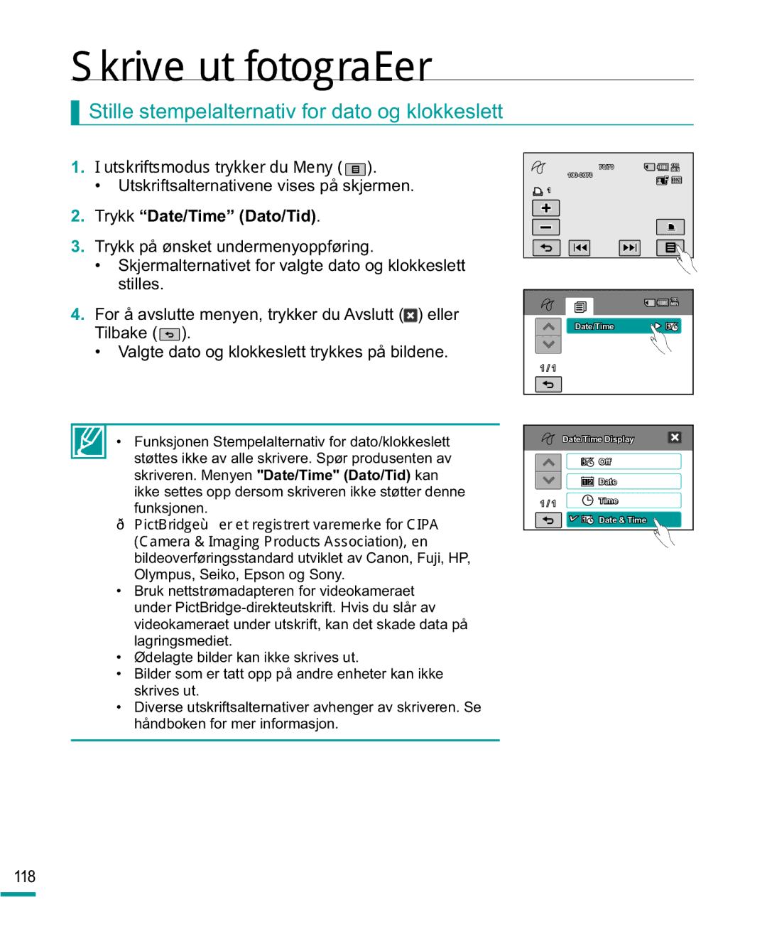 Samsung HMX-R10BP/EDC manual Stille stempelalternativ for dato og klokkeslett, XWVNULIWVPRGXVWU\NNHUGX0HQ\, 118 