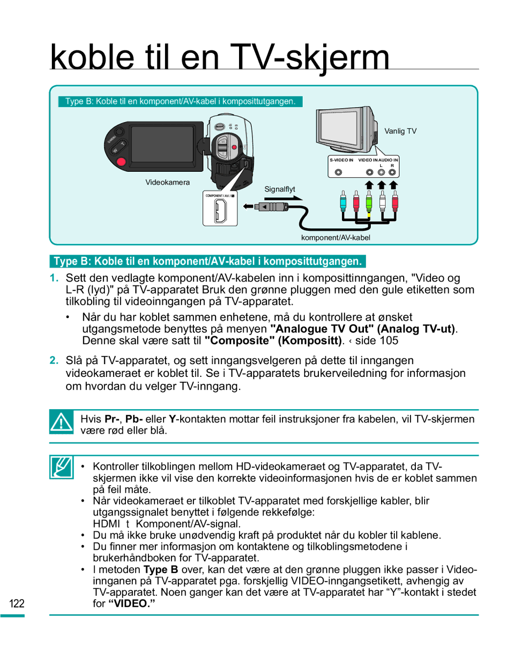 Samsung HMX-R10BP/EDC, HMX-R10SP/EDC manual Type B Koble til en komponent/AV-kabel i komposittutgangen, For Video 