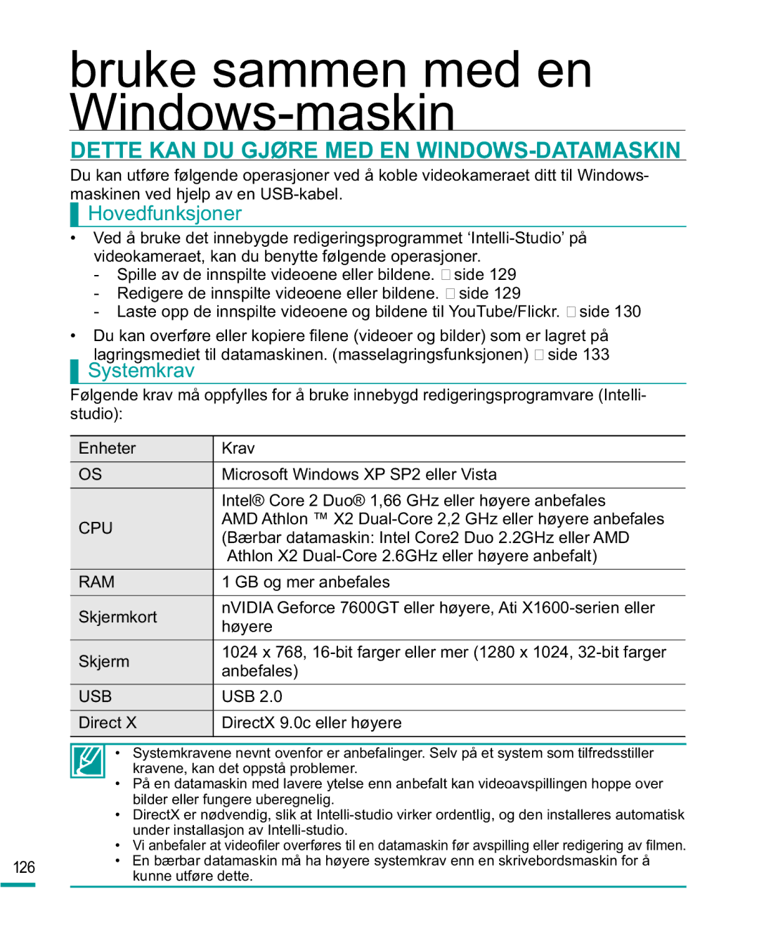 Samsung HMX-R10BP/EDC, HMX-R10SP/EDC manual Dette KAN DU Gjøre MED EN WINDOWS-DATAMASKIN, Hovedfunksjoner, Systemkrav 