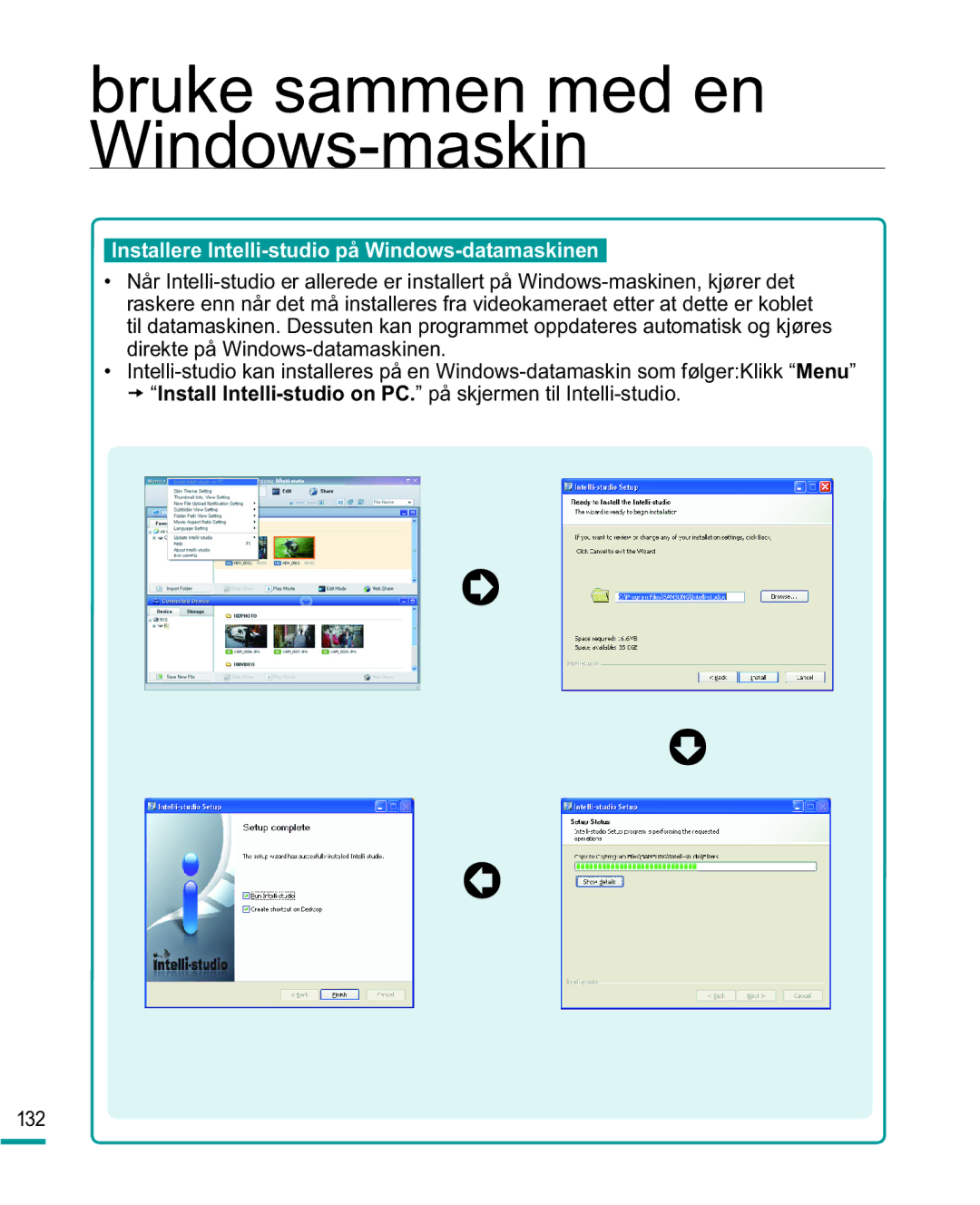 Samsung HMX-R10BP/EDC, HMX-R10SP/EDC manual Installere Intelli-studio på Windows-datamaskinen, 132 