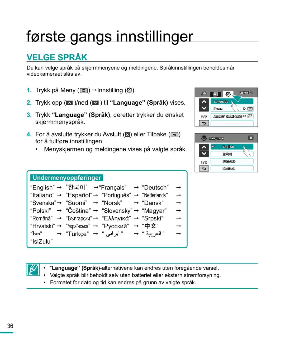 Samsung HMX-R10BP/EDC, HMX-R10SP/EDC manual Velge Språk, Ęðû, ³,VL=XOX´ 