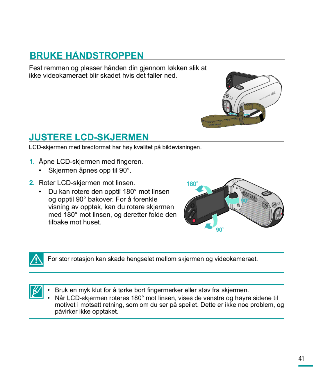 Samsung HMX-R10SP/EDC, HMX-R10BP/EDC manual Bruke Håndstroppen, Justere LCD-SKJERMEN 