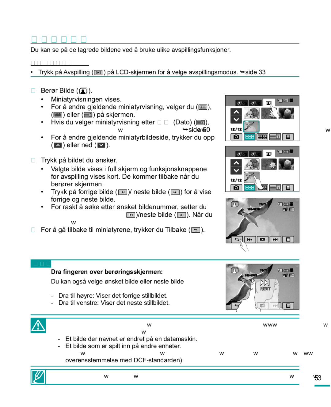 Samsung HMX-R10SP/EDC, HMX-R10BP/EDC manual SE PÅ Bilder, For å gå tilbake til miniatyrene, trykker du Tilbake 