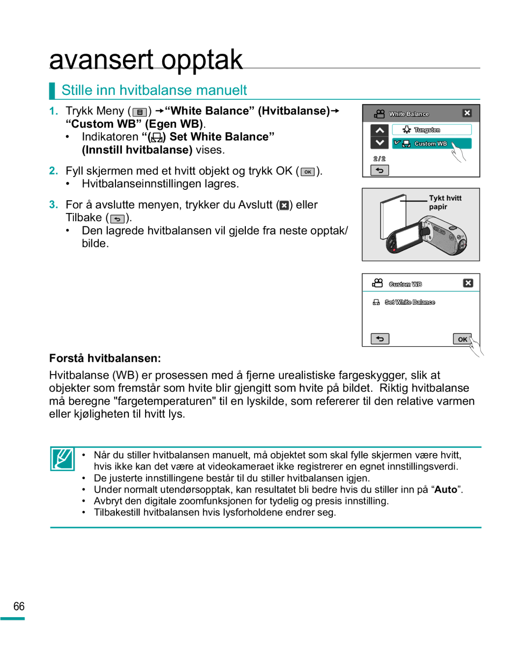 Samsung HMX-R10BP/EDC manual Stille inn hvitbalanse manuelt, Trykk Meny tWhite Balance Hvitbalanset Custom WB Egen WB 