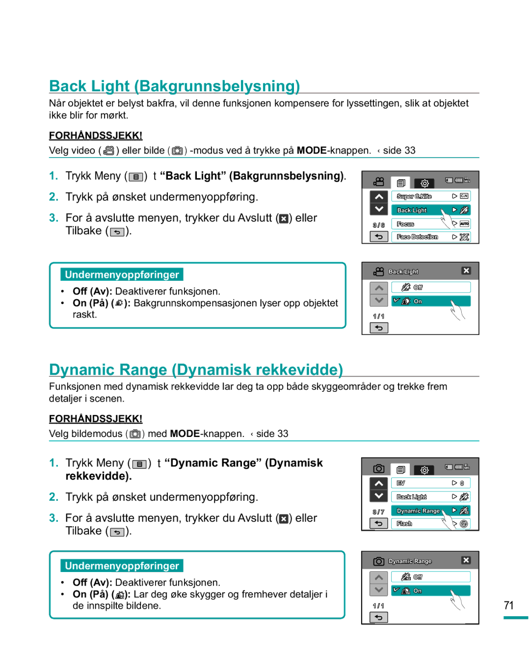 Samsung HMX-R10SP/EDC, HMX-R10BP/EDC manual Back Light Bakgrunnsbelysning, Dynamic Range Dynamisk rekkevidde 