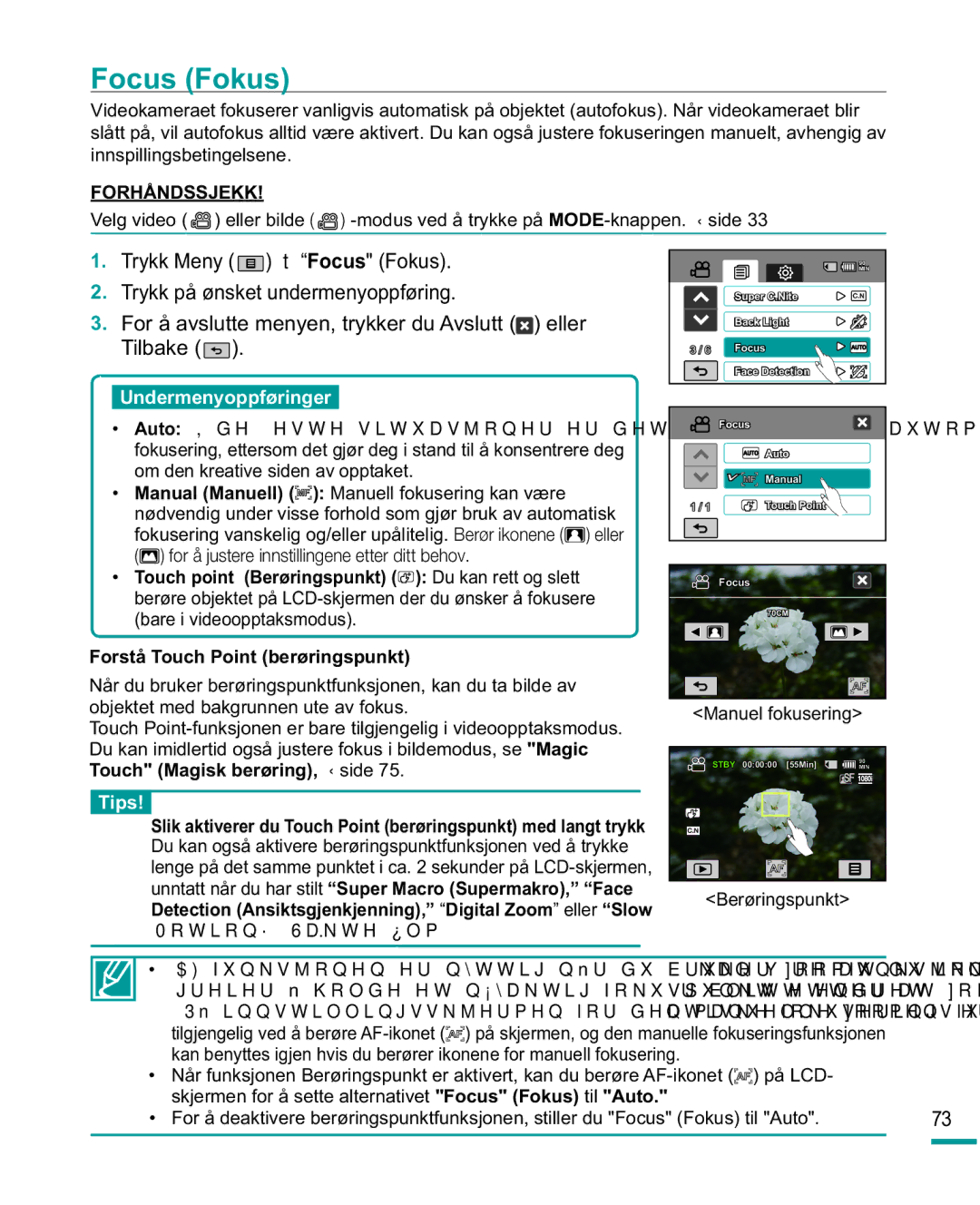 Samsung HMX-R10SP/EDC, HMX-R10BP/EDC manual Trykk Meny Focus Fokus, Manuel fokusering, Berøringspunkt 