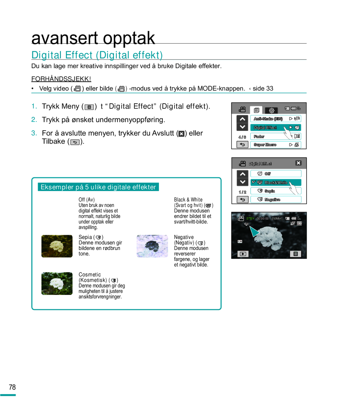 Samsung HMX-R10BP/EDC, HMX-R10SP/EDC manual Trykk Meny tDigital Effect Digital effekt 