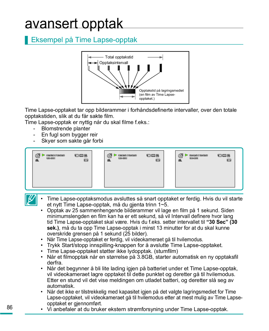 Samsung HMX-R10BP/EDC, HMX-R10SP/EDC manual Eksempel på Time Lapse-opptak 