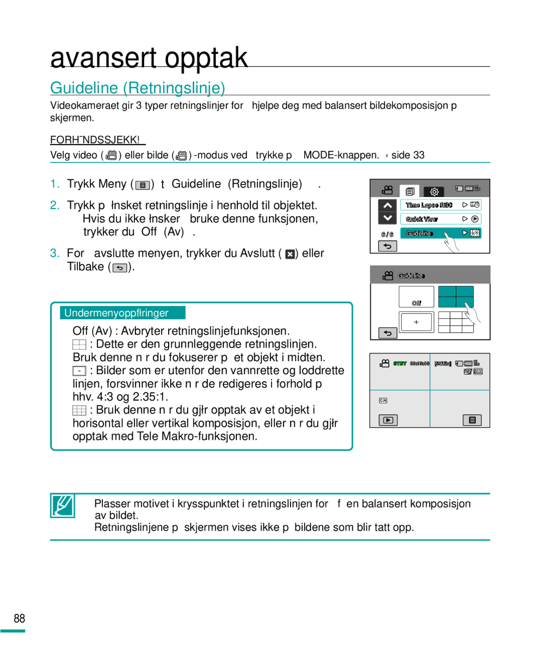 Samsung HMX-R10BP/EDC, HMX-R10SP/EDC manual Trykk Meny tGuideline Retningslinje 