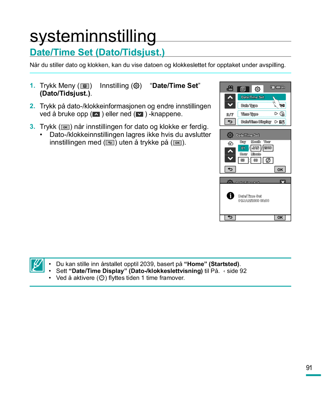 Samsung HMX-R10SP/EDC, HMX-R10BP/EDC manual Systeminnstilling, Date/Time Set Dato/Tidsjust 