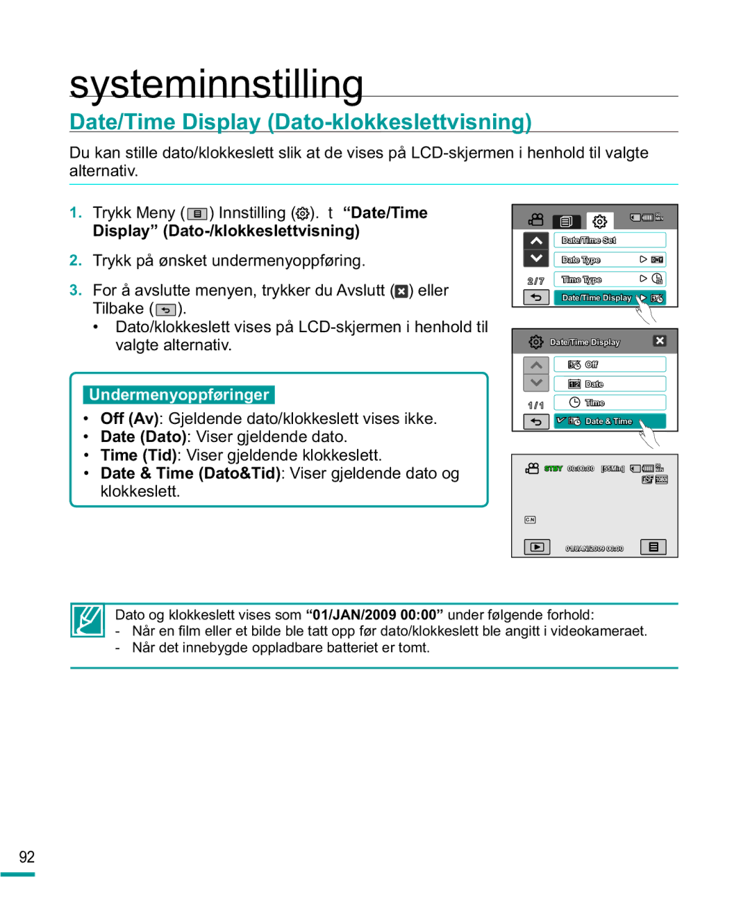 Samsung HMX-R10BP/EDC, HMX-R10SP/EDC manual Date/Time Display Dato-klokkeslettvisning, Display Dato-/klokkeslettvisning 