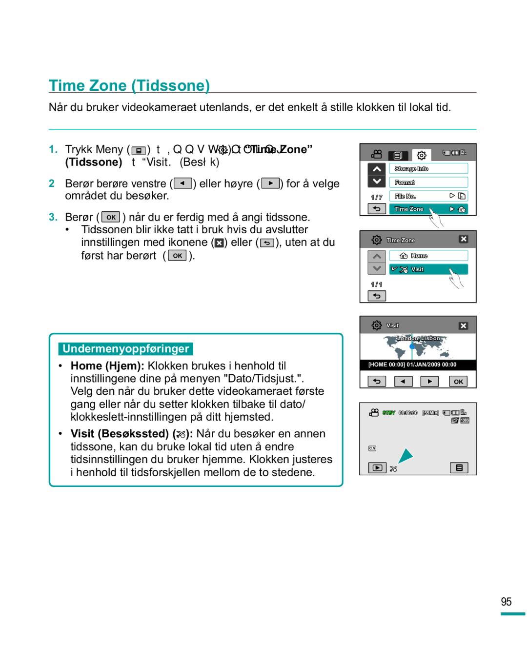 Samsung HMX-R10SP/EDC, HMX-R10BP/EDC manual Trykk Meny t,QQVWLOOLQJ .tTime Zone Tidssone t Visit. Besøk 