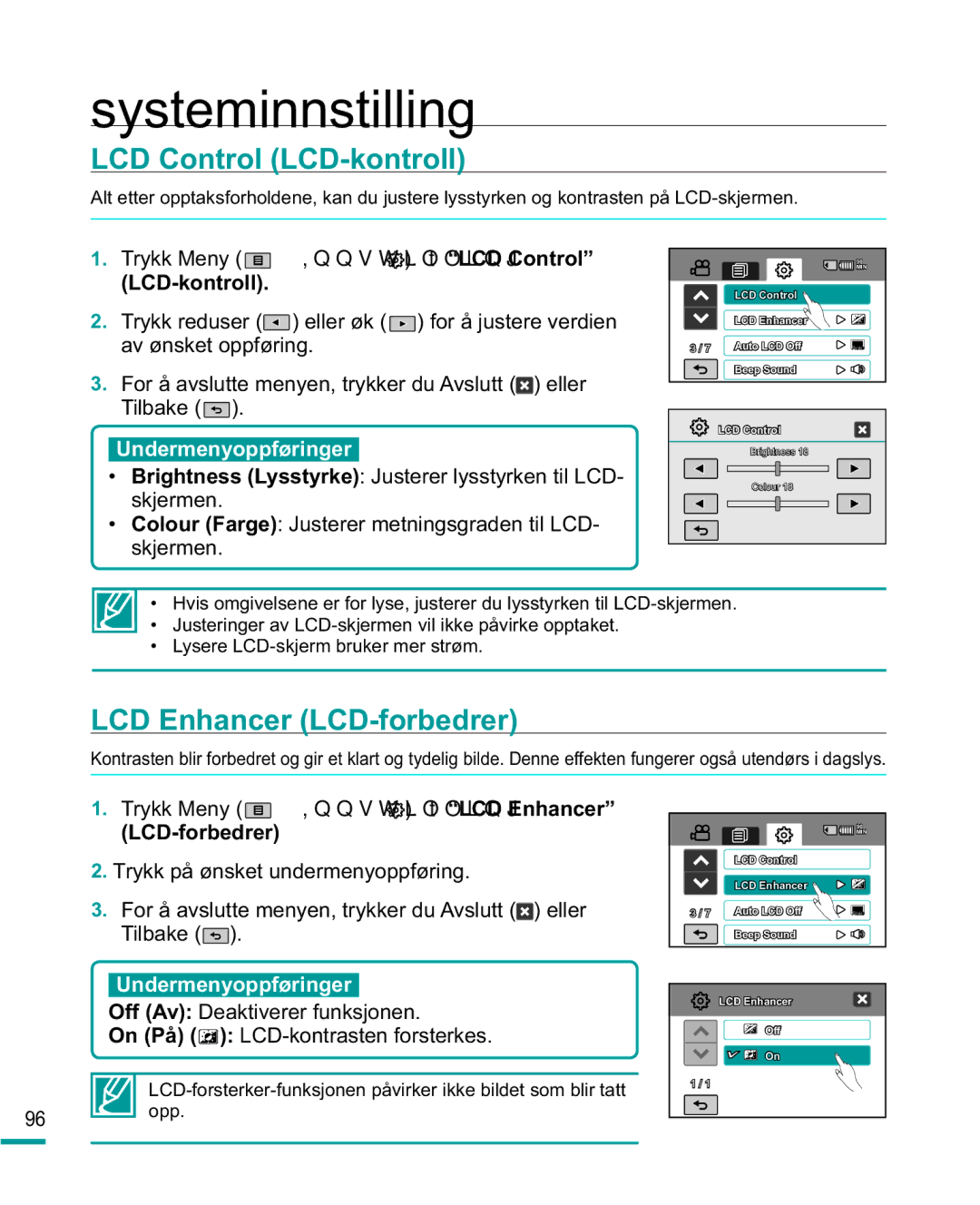 Samsung HMX-R10BP/EDC, HMX-R10SP/EDC manual LCD Control LCD-kontroll, LCD Enhancer LCD-forbedrer 