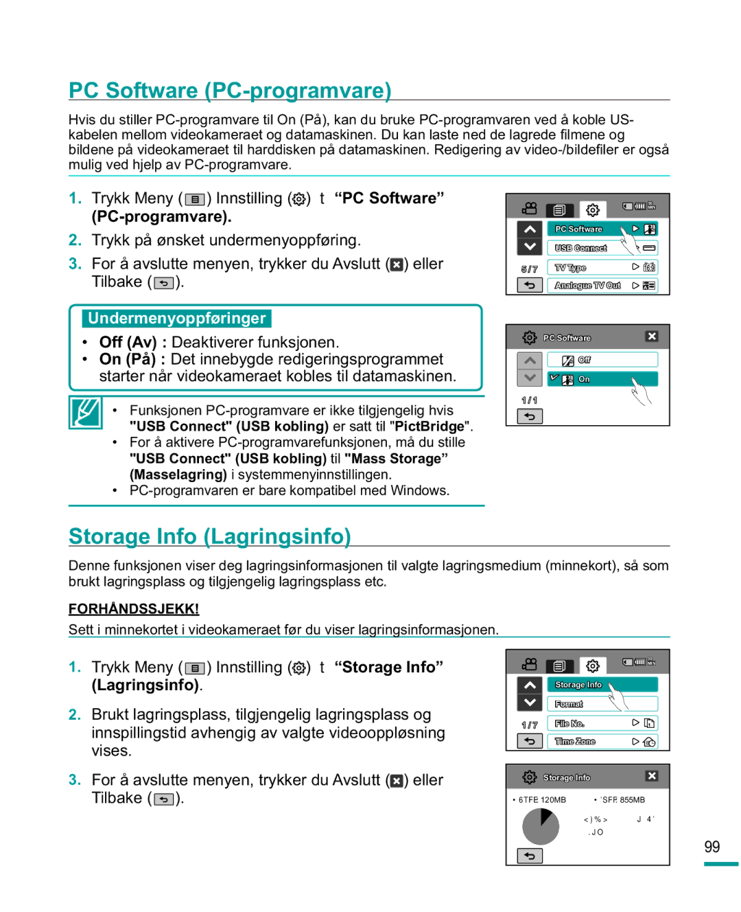 Samsung HMX-R10SP/EDC, HMX-R10BP/EDC manual PC Software PC-programvare, Storage Info Lagringsinfo 