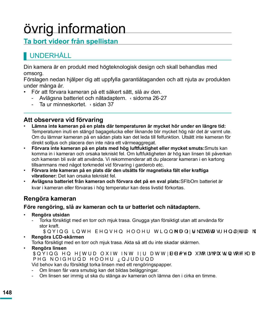 Samsung HMX-R10BP/EDC, HMX-R10SP/EDC manual Övrig information, 7DERUWYLGHRUIUnQVSHOOLVWDQ, 148, 5HQJUD/&VNlUPHQ 